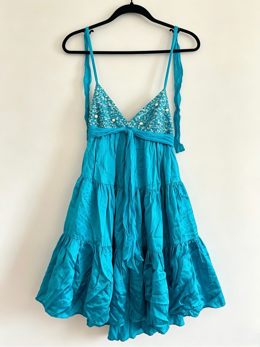 BCBGMaxAzria Turquoise Blue Tiered Mini Dress with Beaded Bodice